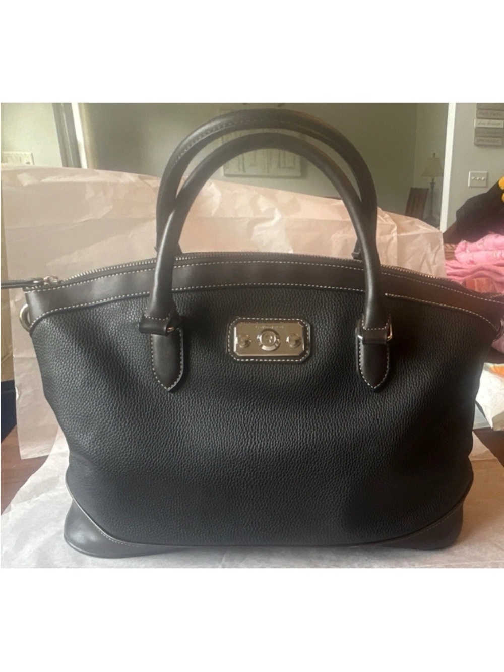 London Fog Black Pebbled Satchel Silver Hardware Double Handles Zip Closure - Picture 2 of 9